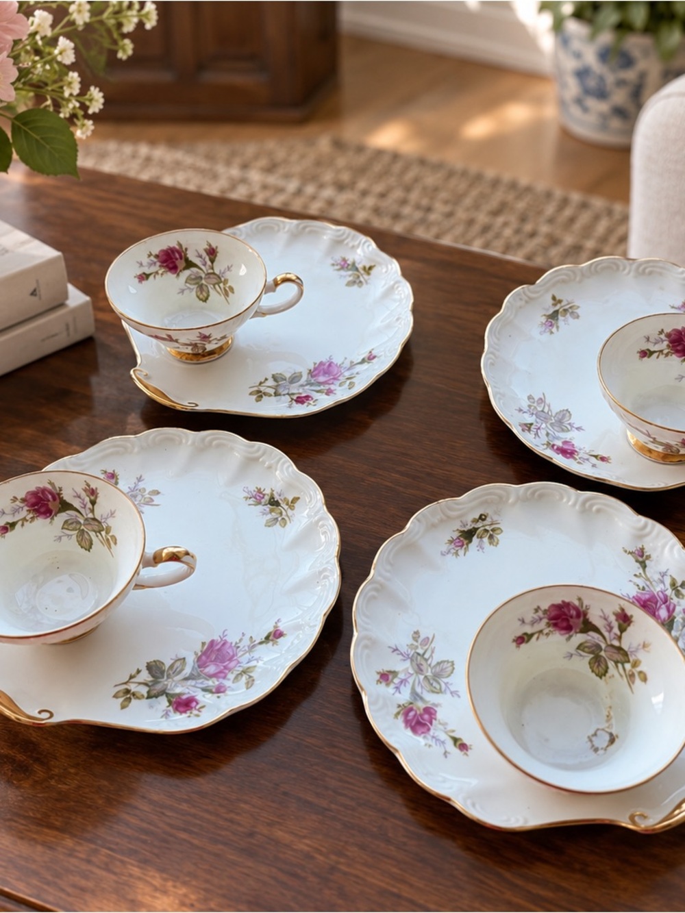 vintage porcelain snack and tea set featuring a moss rose floral pattern and sca